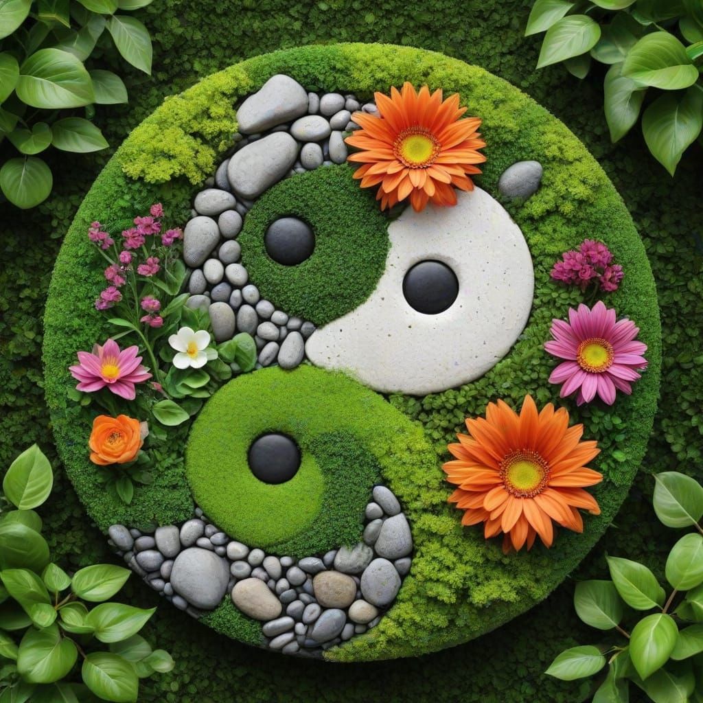 Detailed Yin-Yang Symbol with Lush Green Landscape