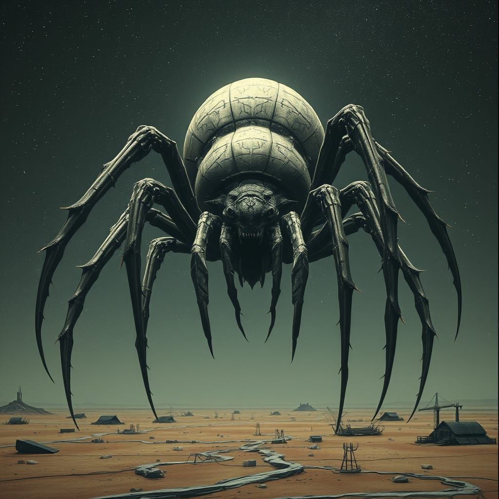 Colossal, Eerie Space Spider in a Desolate Galaxy Landscape