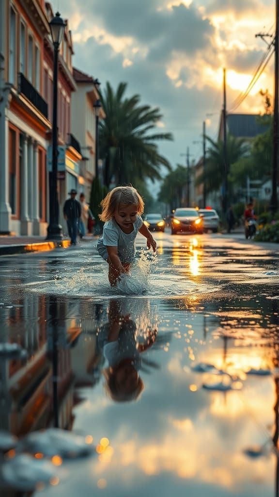 Child Splashing in Puddles: Golden Age Street Scene