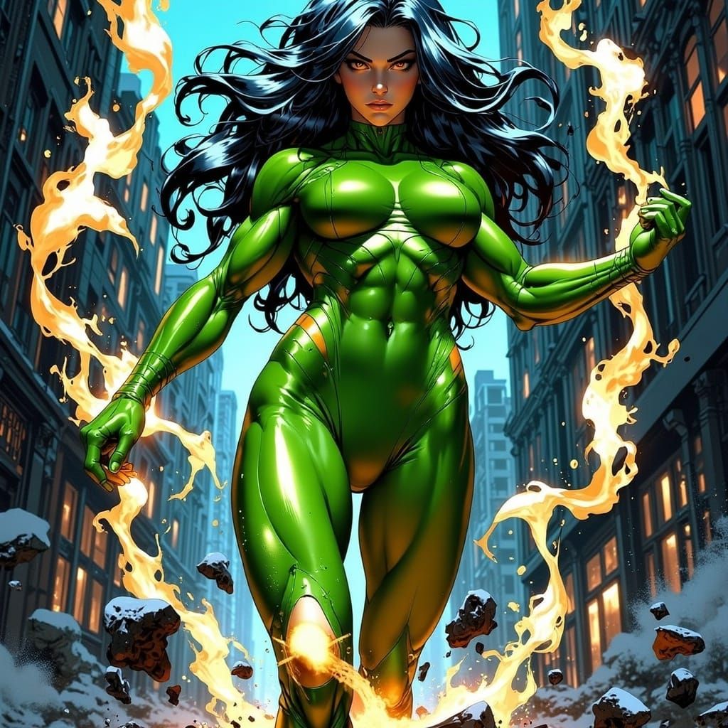 Dynamic Superheroine Illustration in a Bustling Cityscape