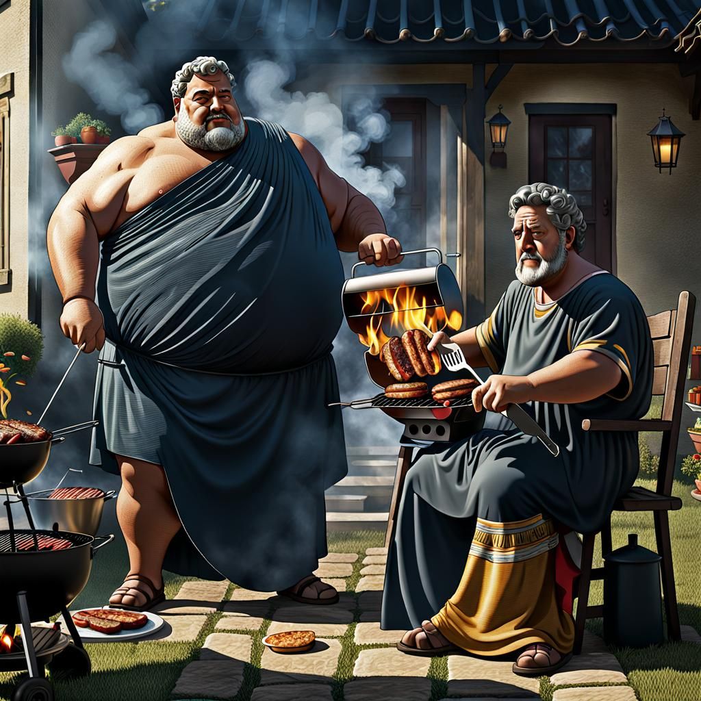 Humorous Roman Barbecue in Pop-Surrealist Style