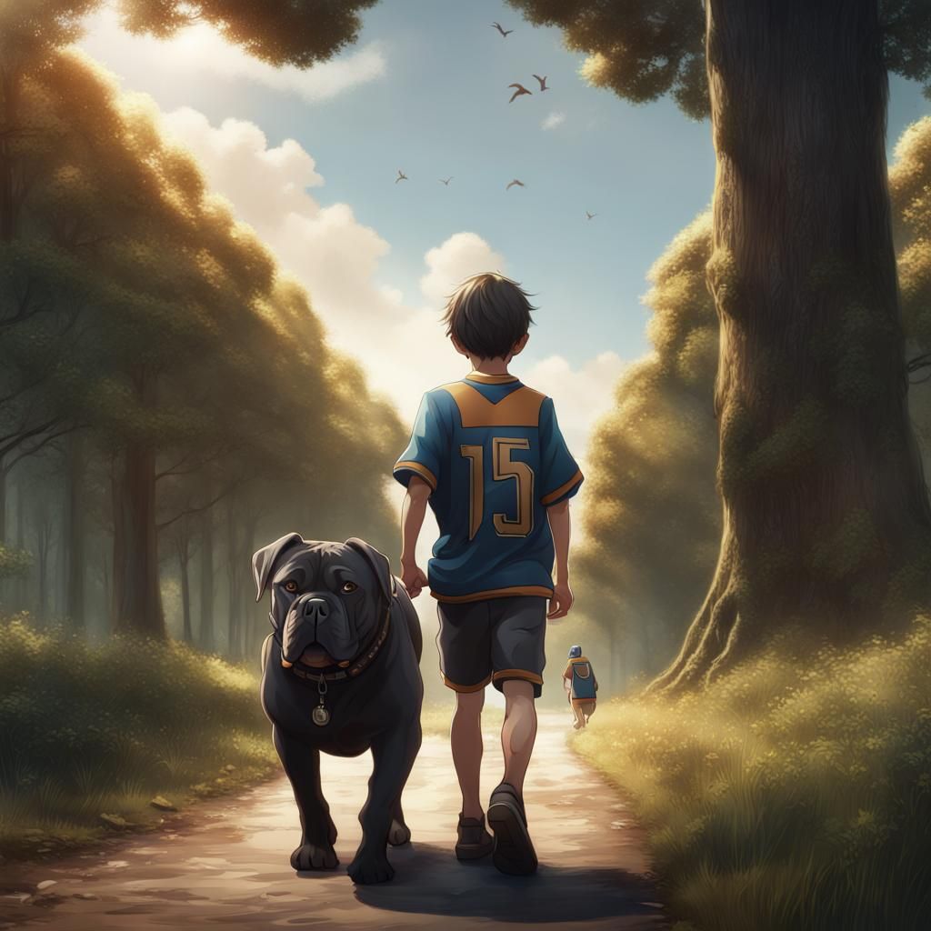Boy with Dog and Anime Book, Fantasy Art