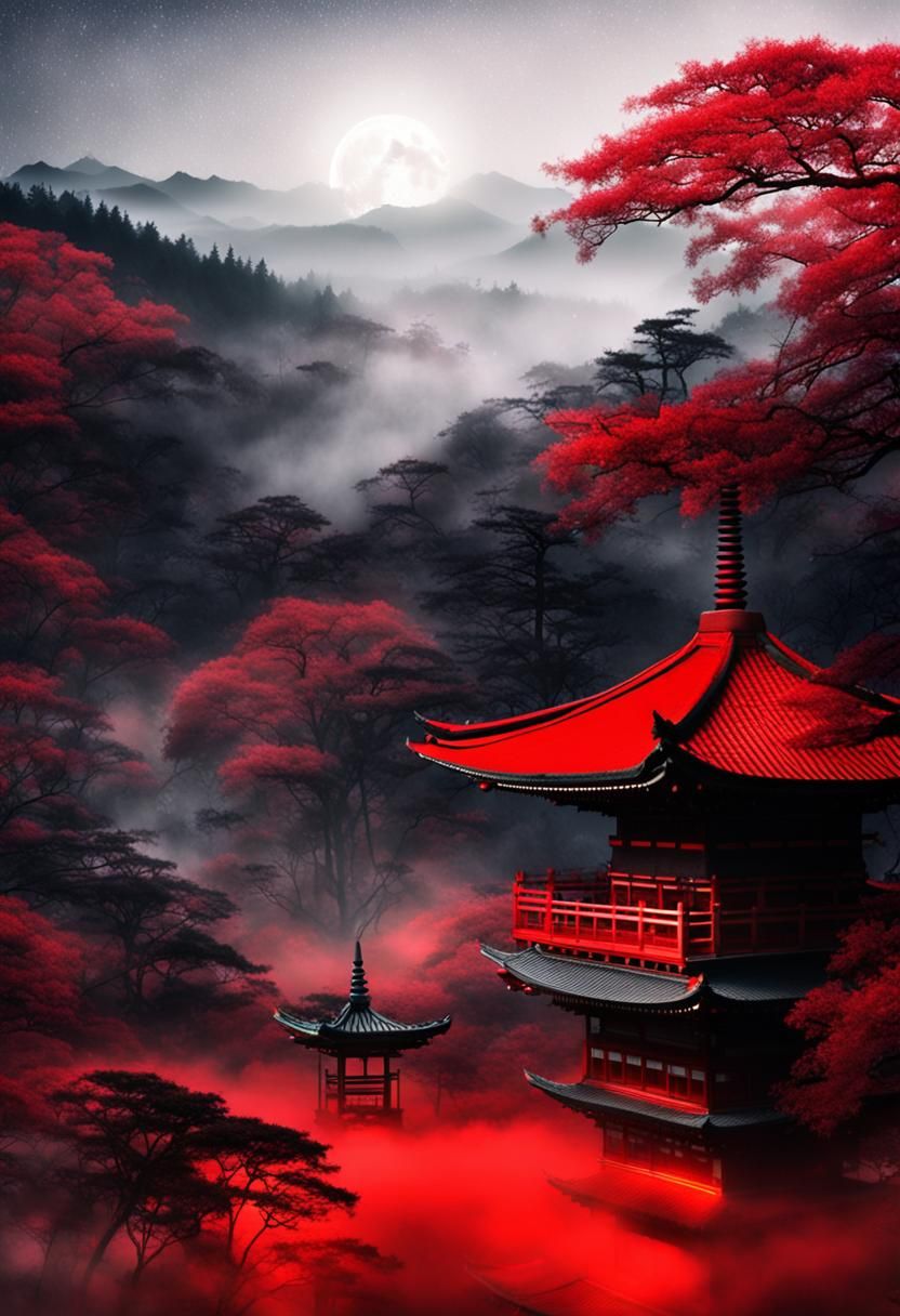 Red Forest, Moon, and Japanese Pagoda in Mist
