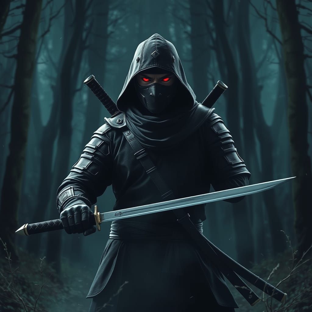 Mysterious Ninja Warrior in a Dark, Moody Forest