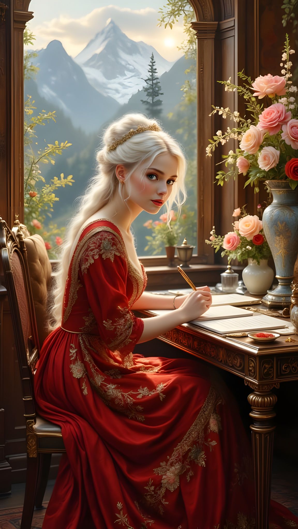 Edwardian Woman Writing by Window in Red Dress