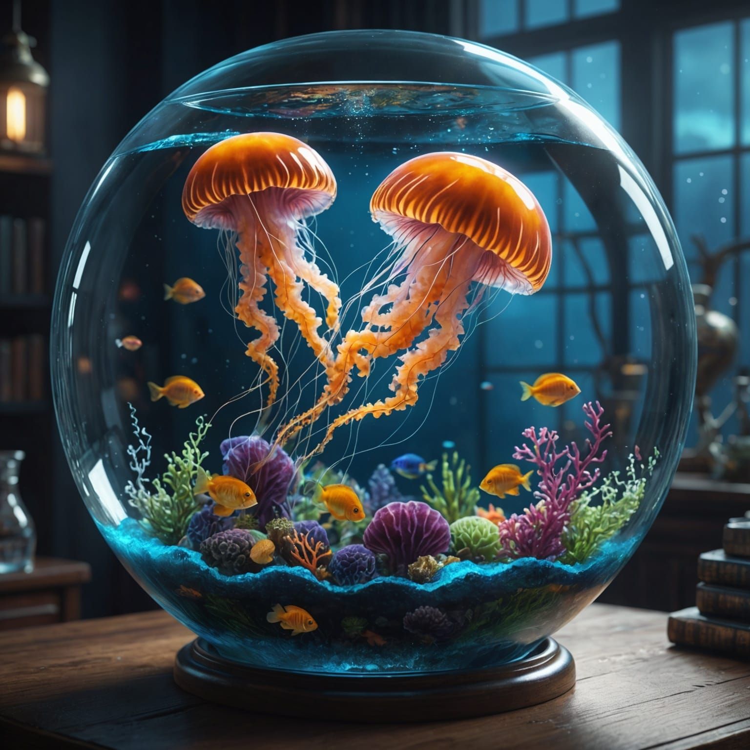 Vibrant Jellyfish in Fishbowl: Detailed Matte Painting