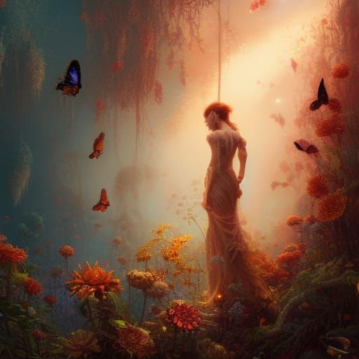 Radiant Woman with Fireflies: Digital Art