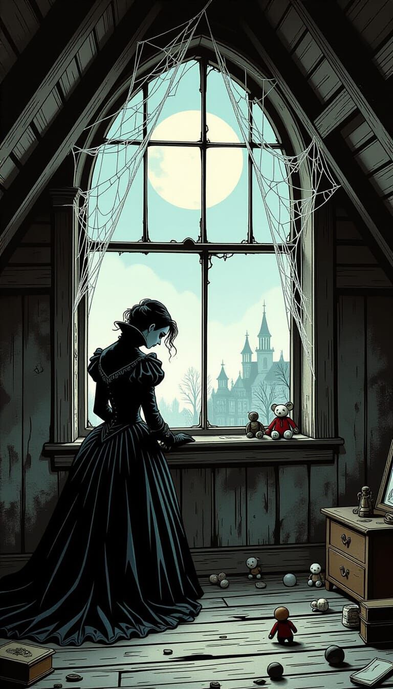 A melancholic vampire, dressed in tattered Victorian attire,...