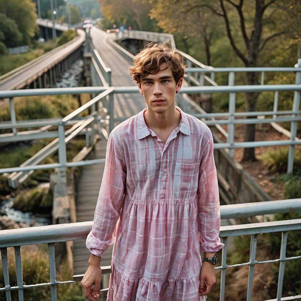Boy in Pink Dress Overlooking Bridge: Portrait Photography
