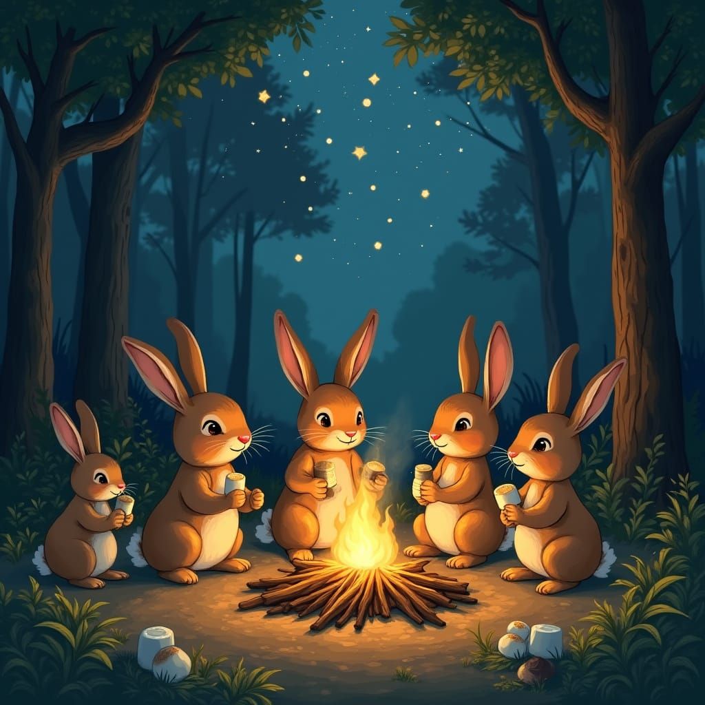 Rabbits Gathered 'Round Campfire Under Starry Sky