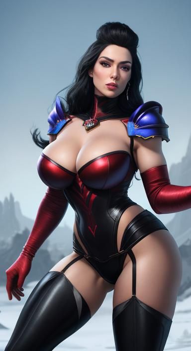 Snow White is dressed as a warhammer 40k character. Wild and hammery woman, athletic and muscular body in high heels wea...