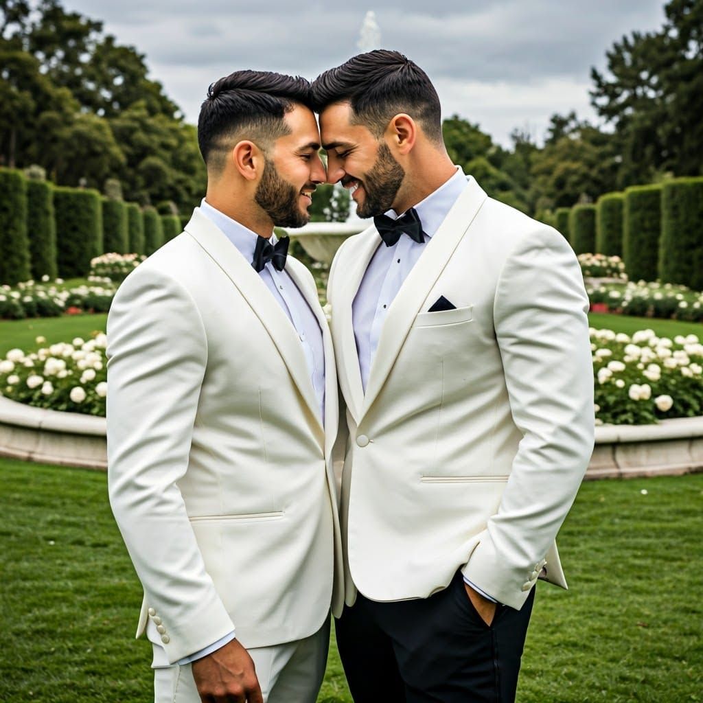 Handsome Australian Groomsmen in White Tuxedos Amidst a Whit...