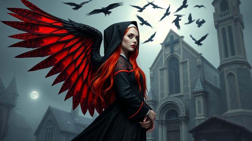 Dark Gothic Vampire Angel in Crimson Halo with Intricate Tat...