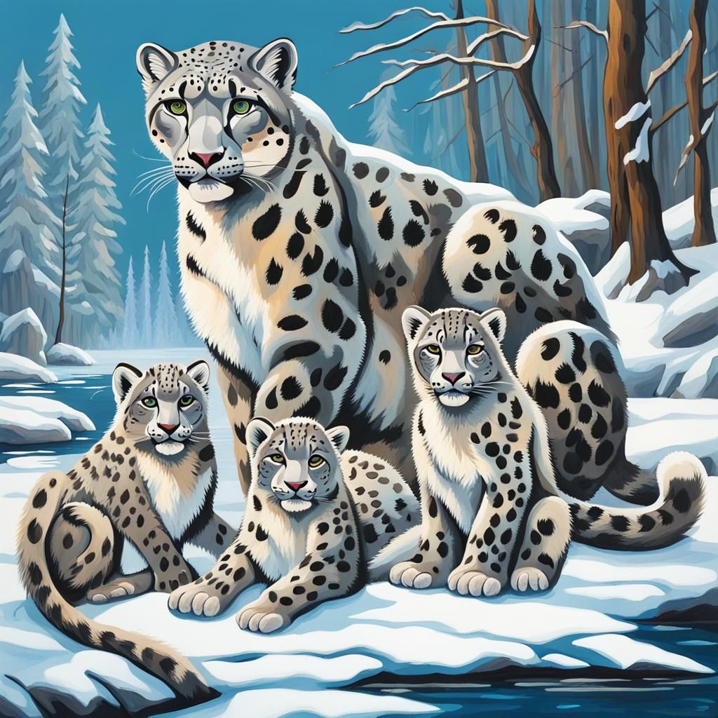 Snow Leopard Family in Winter Riverscape: Gouache Painting