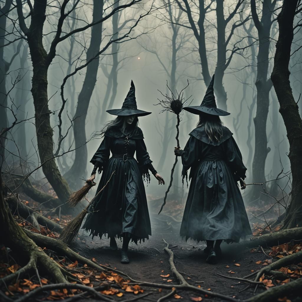A scary Witch meet another witch in a dark misty wood 8k res...