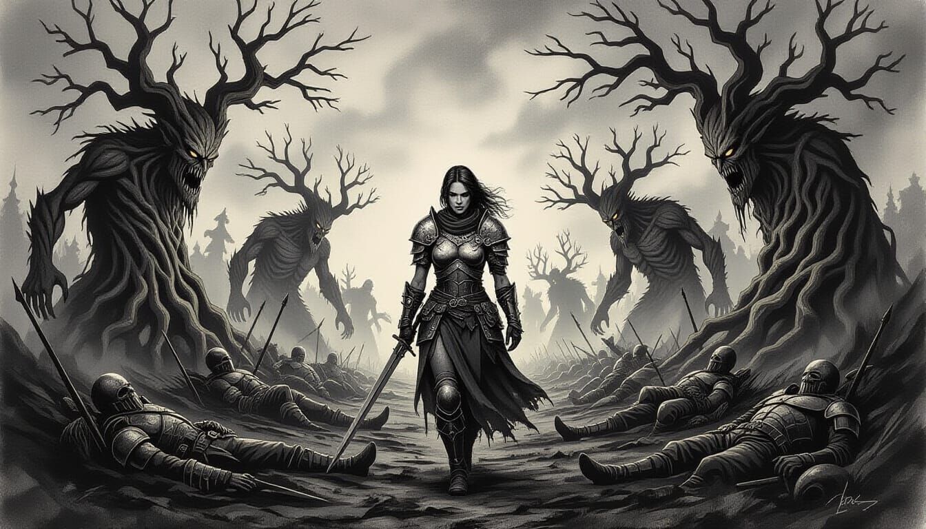Warrior Battles Tree Demons on Desolate Battlefield