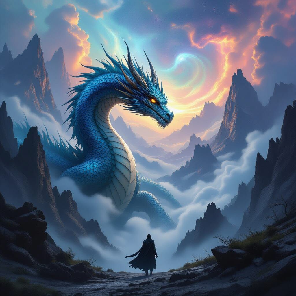 Majestic Dragon Guards Misty Mountain Pass in Cosmic Landsca...