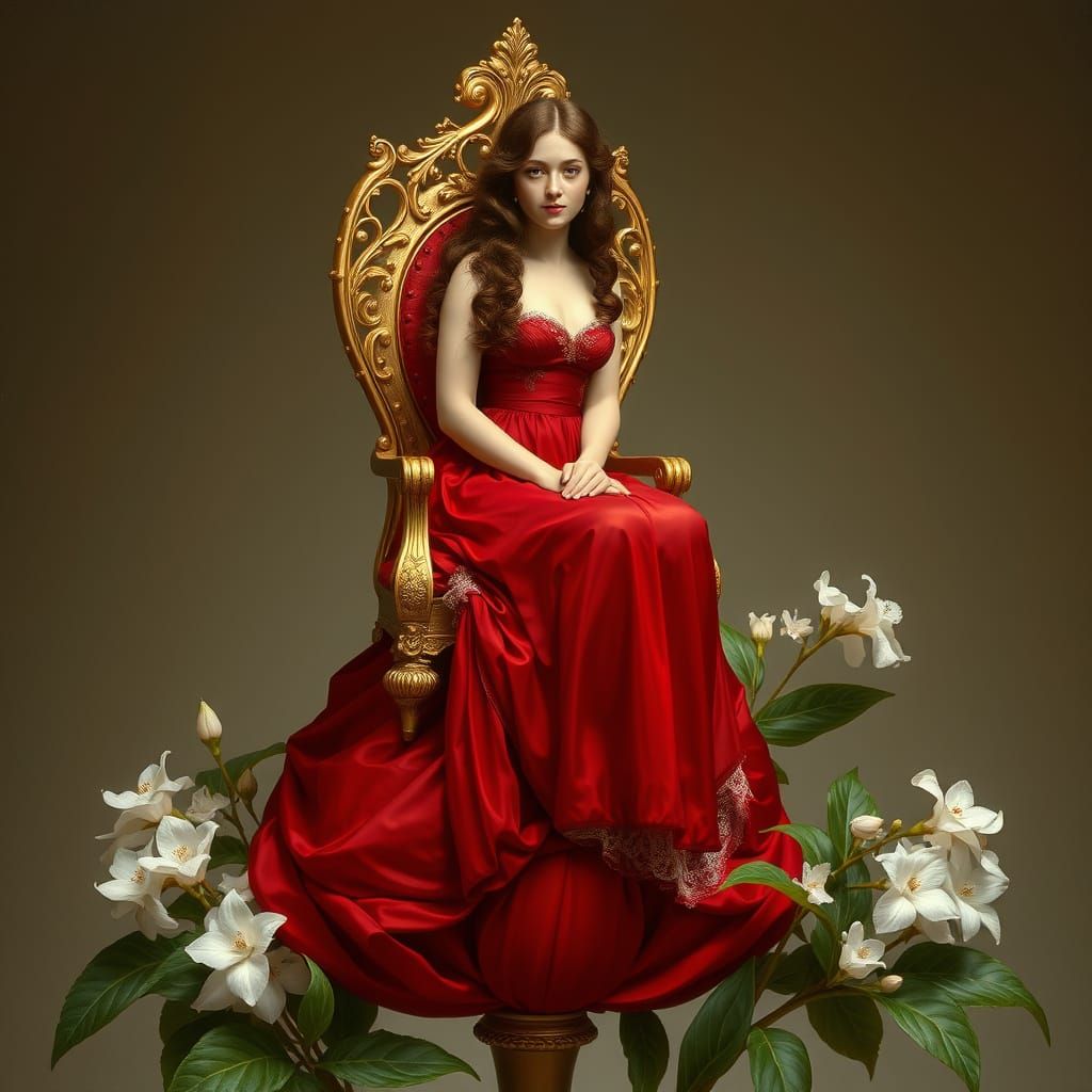 Golden Throne on Red Stem with Woman in Crimson Gown