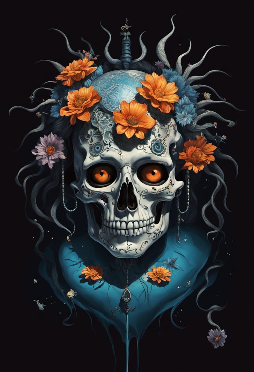 Porcelain Skull with Floral Tattoos and Jewelry Under Firewo...