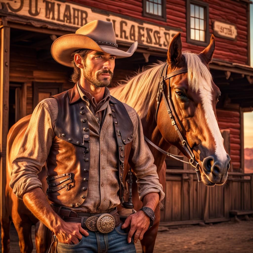 Hyperrealistic Cowboy and Horse at Sunset