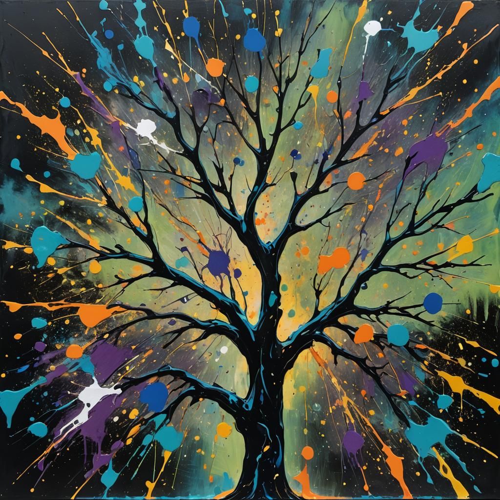 Abstract Expressionist Tree with Bold Color Splashes