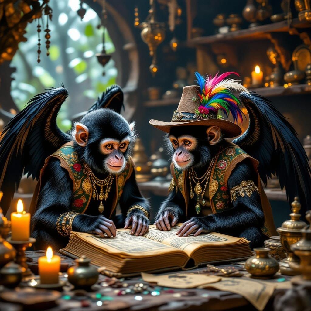 Mystical Spider Monkeys in Witch's Workshop, in a Dark Fanta...