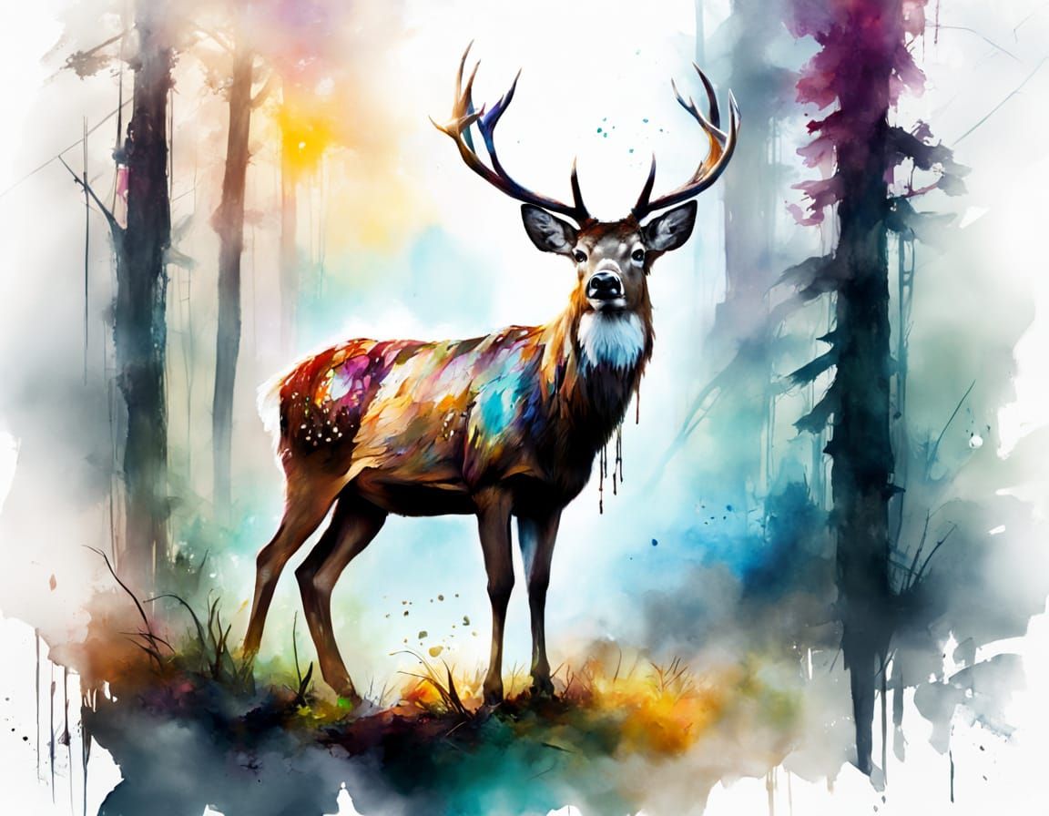 Deer in Forest: Watercolour Splash Art