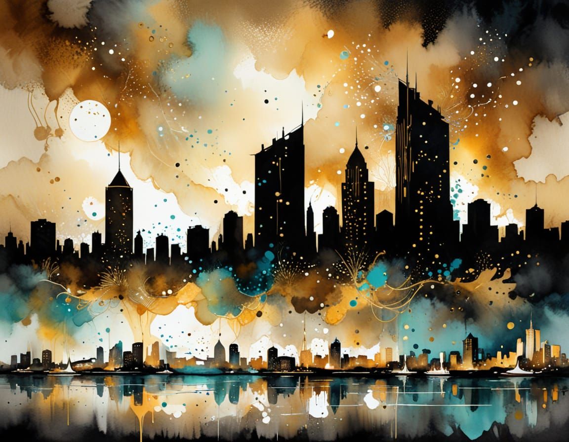 (city scape:1.5), Natasha Wescoat and Willem Haenraets, nacre and turquoisedominant, with dots of liquid gold, digital a...