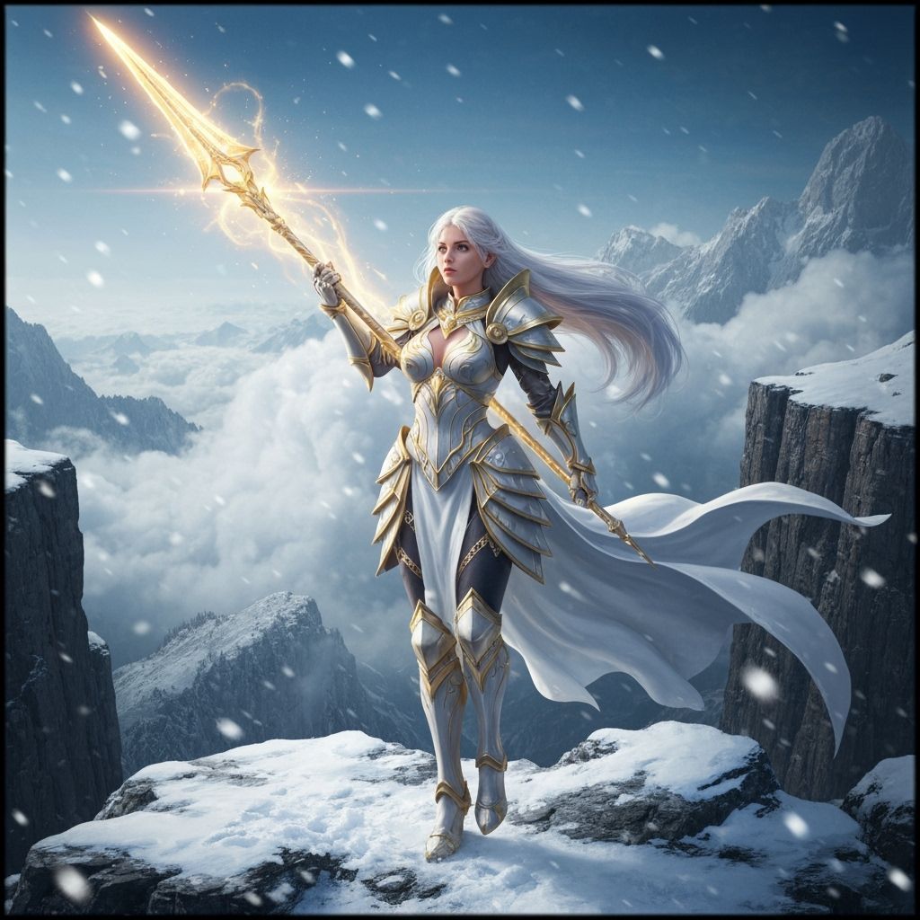 Divine Knight Lady Wields Spear of Heaven on Mountaintop