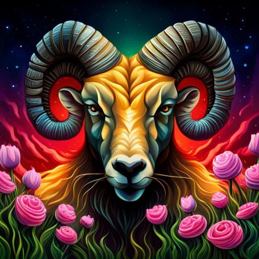Colorful Graffiti Ram with Flowers in Street Art Style