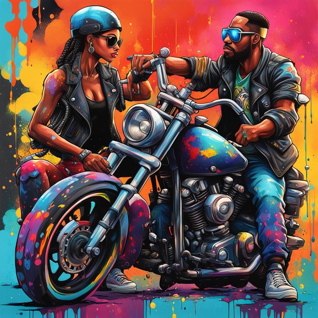 Dynamic Graffiti Art of Biker Couple in Street Style