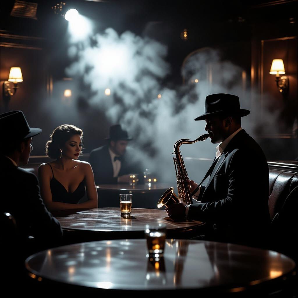 Jazz Saxophonist in Smoky Speakeasy, Film Noir Style