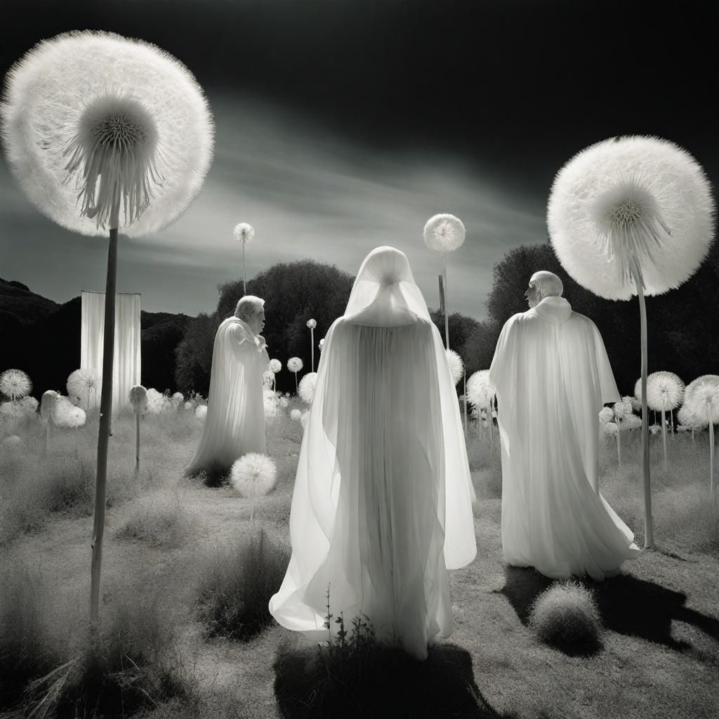 Ghostly men , The Wild Hunt , infrared photography ,clothed in light and luminous silk, apparitions in a graveyard  drea...
