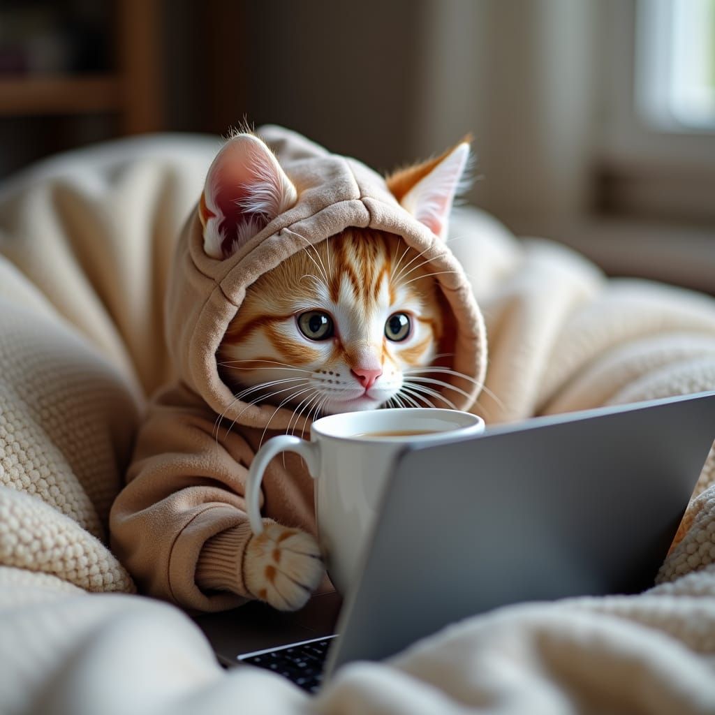 Kitten in Hoodie with Macbook and Mug