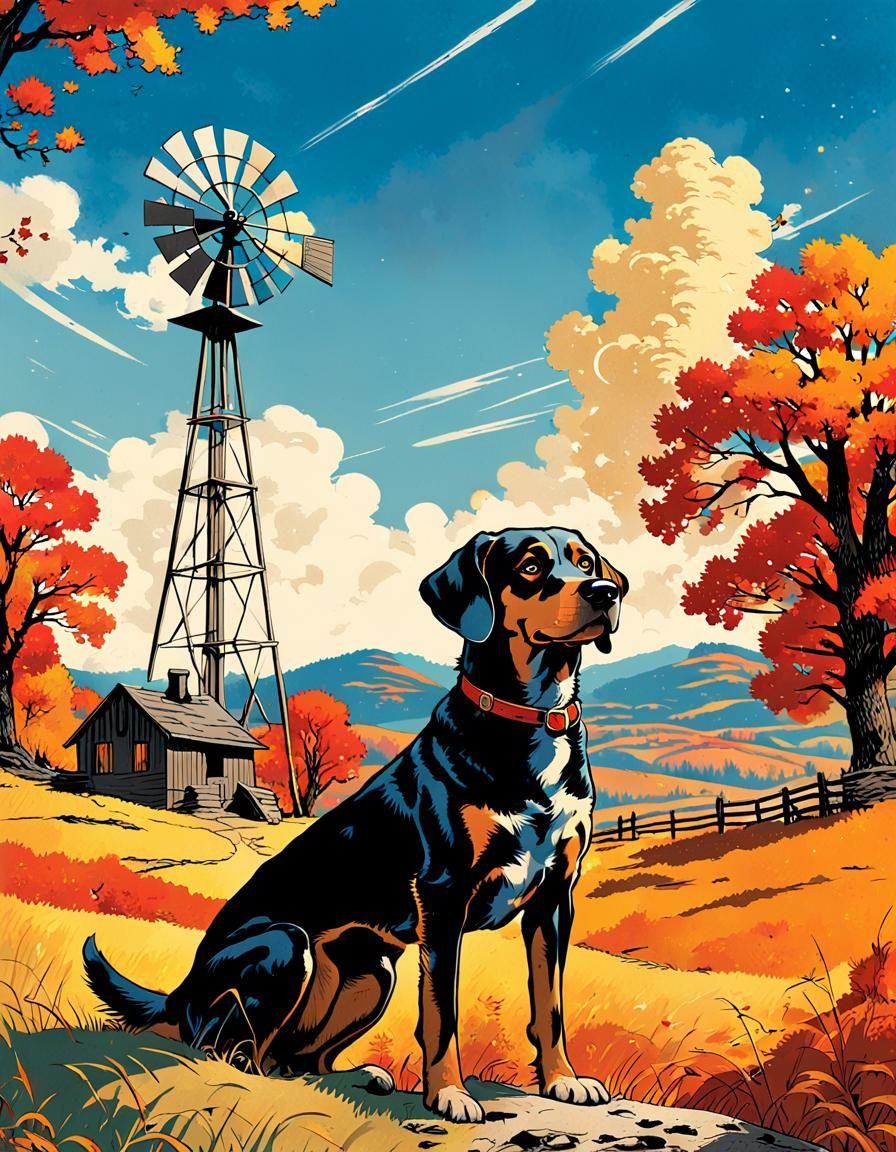 Hunting Dog in Autumn Countryside, Vintage Comic Art