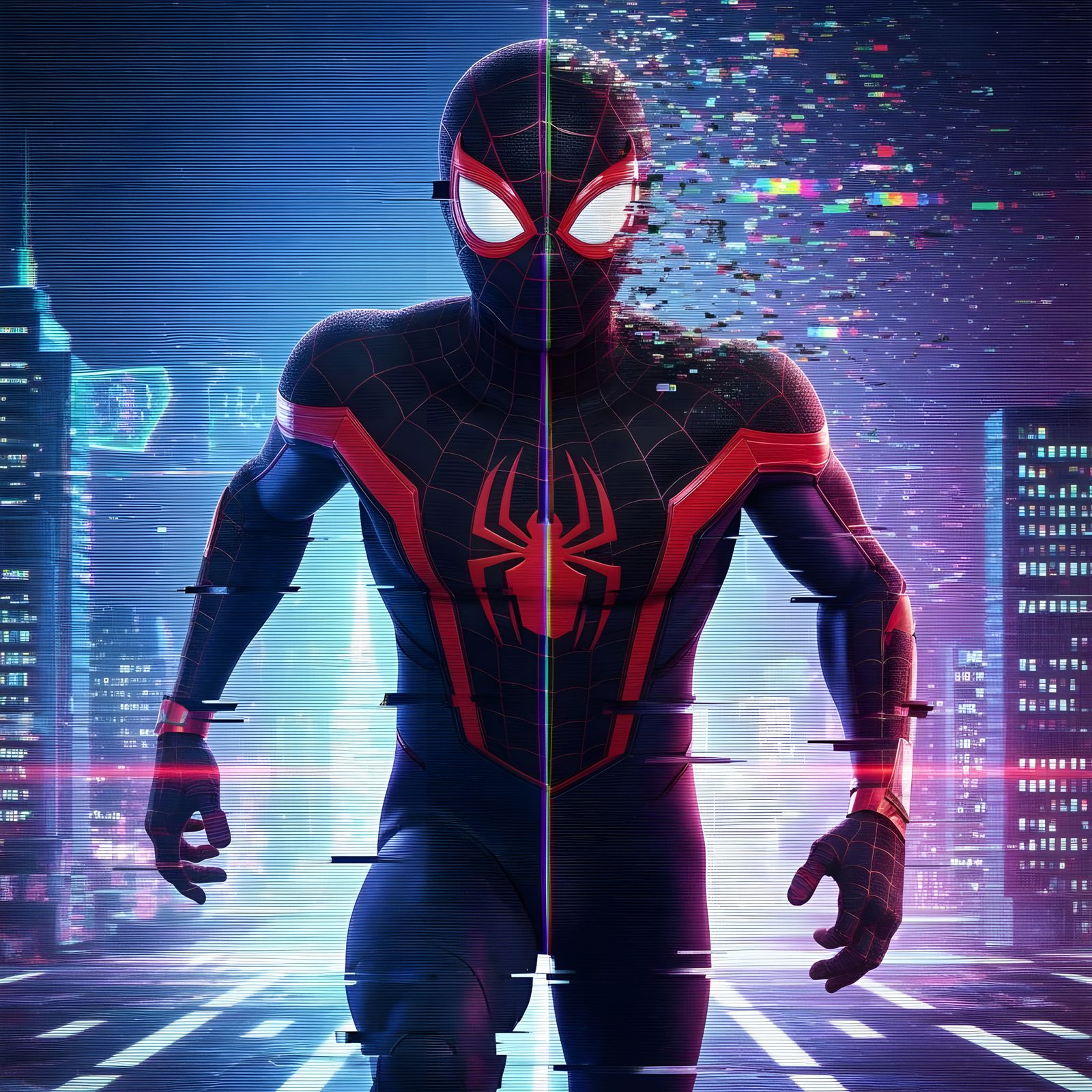 Glitch Art Portrait of Spider-Man in Cyberpunk Style