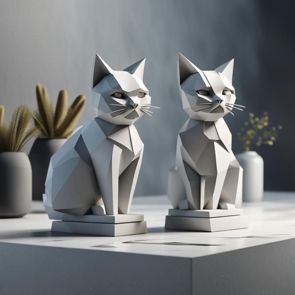 Minimalist Origami Cat Statuettes in Concrete