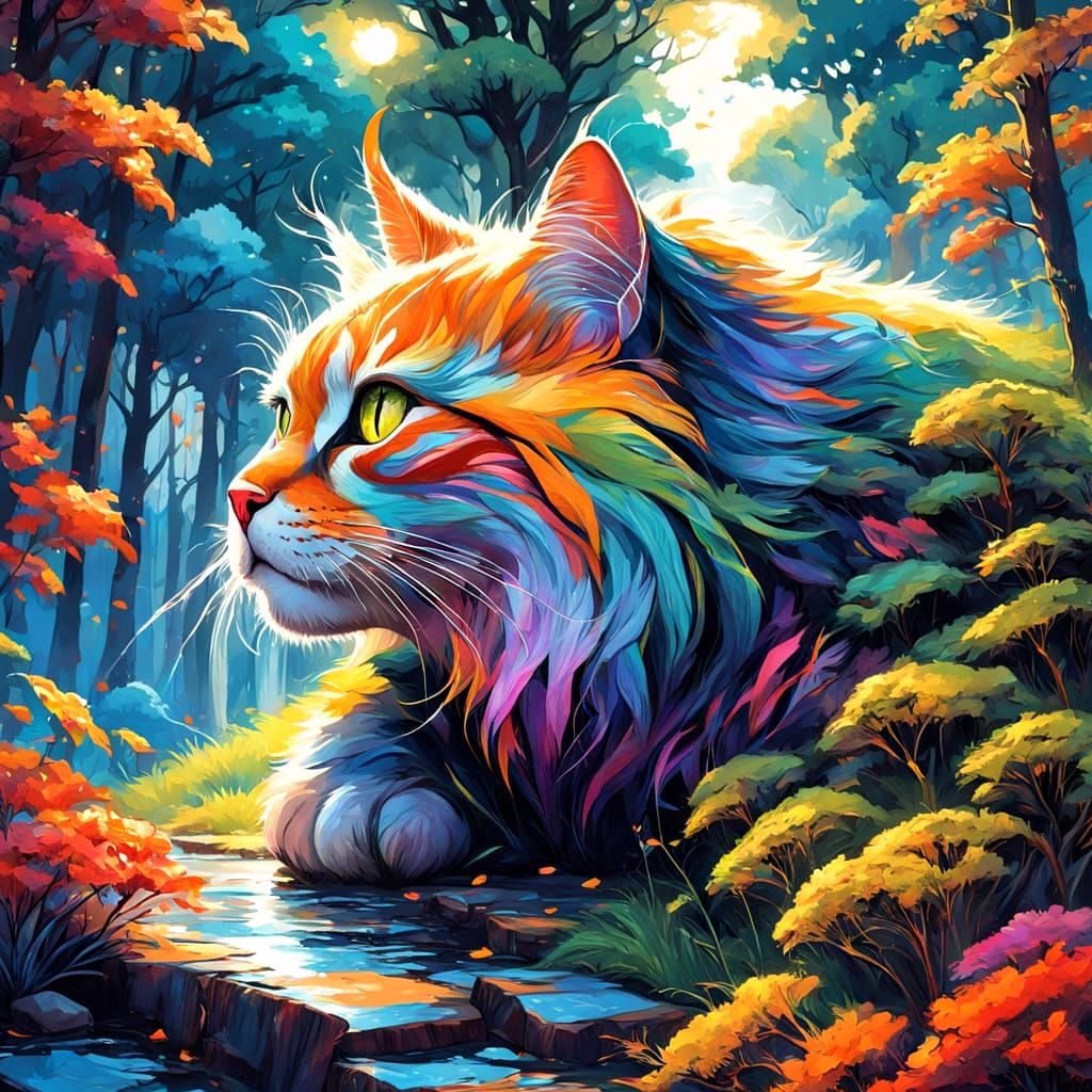 Elegant Surreal Cat on Woodsy Rocks