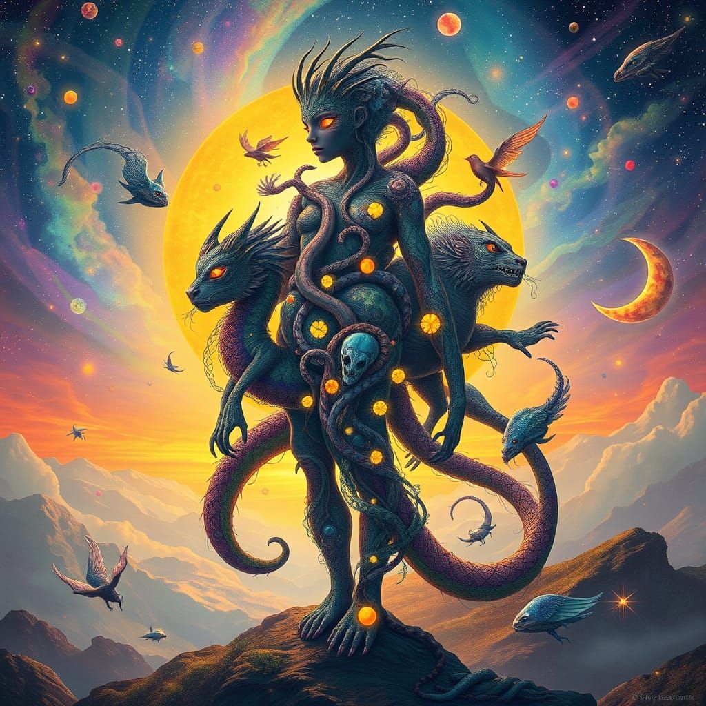 Cosmic Collage of Mystical Creatures in Dreamlike Quality