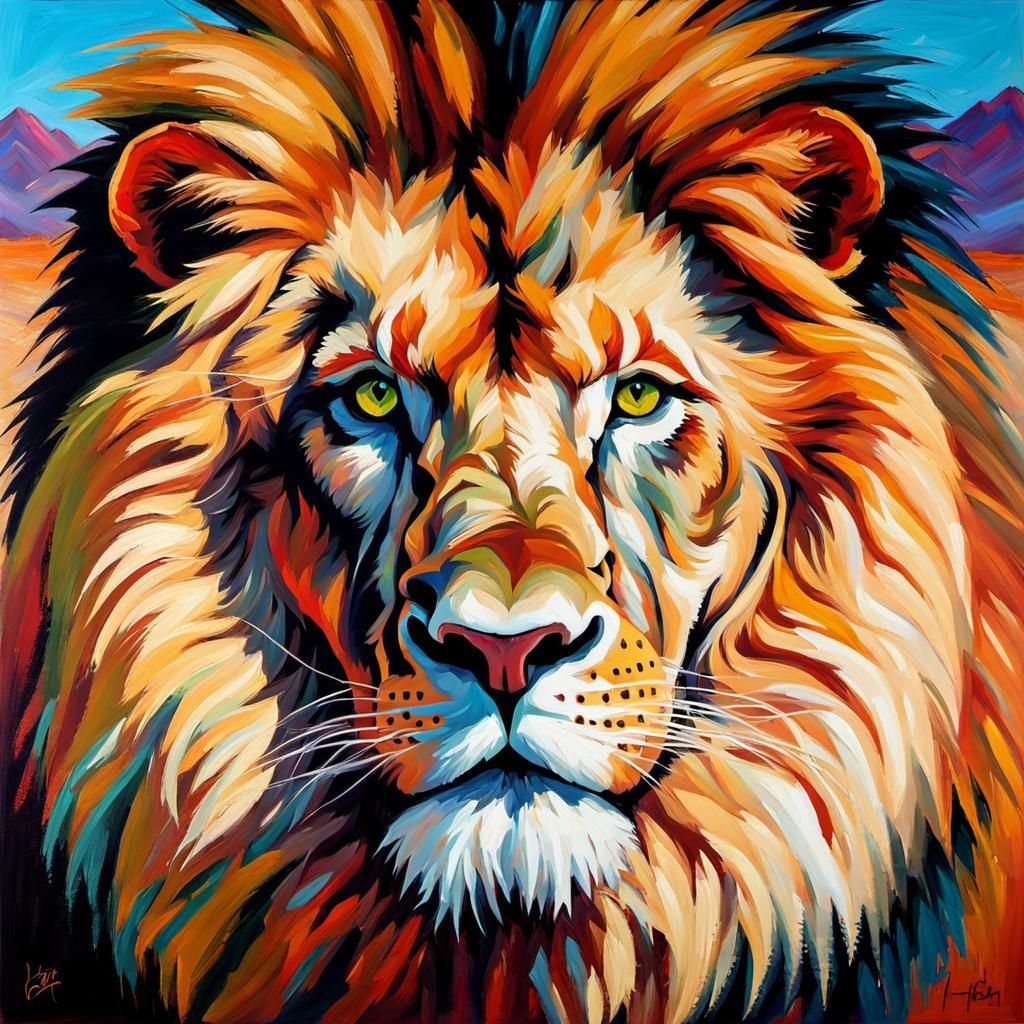 Majestic Lion Portrait in Tachisme Style Desert