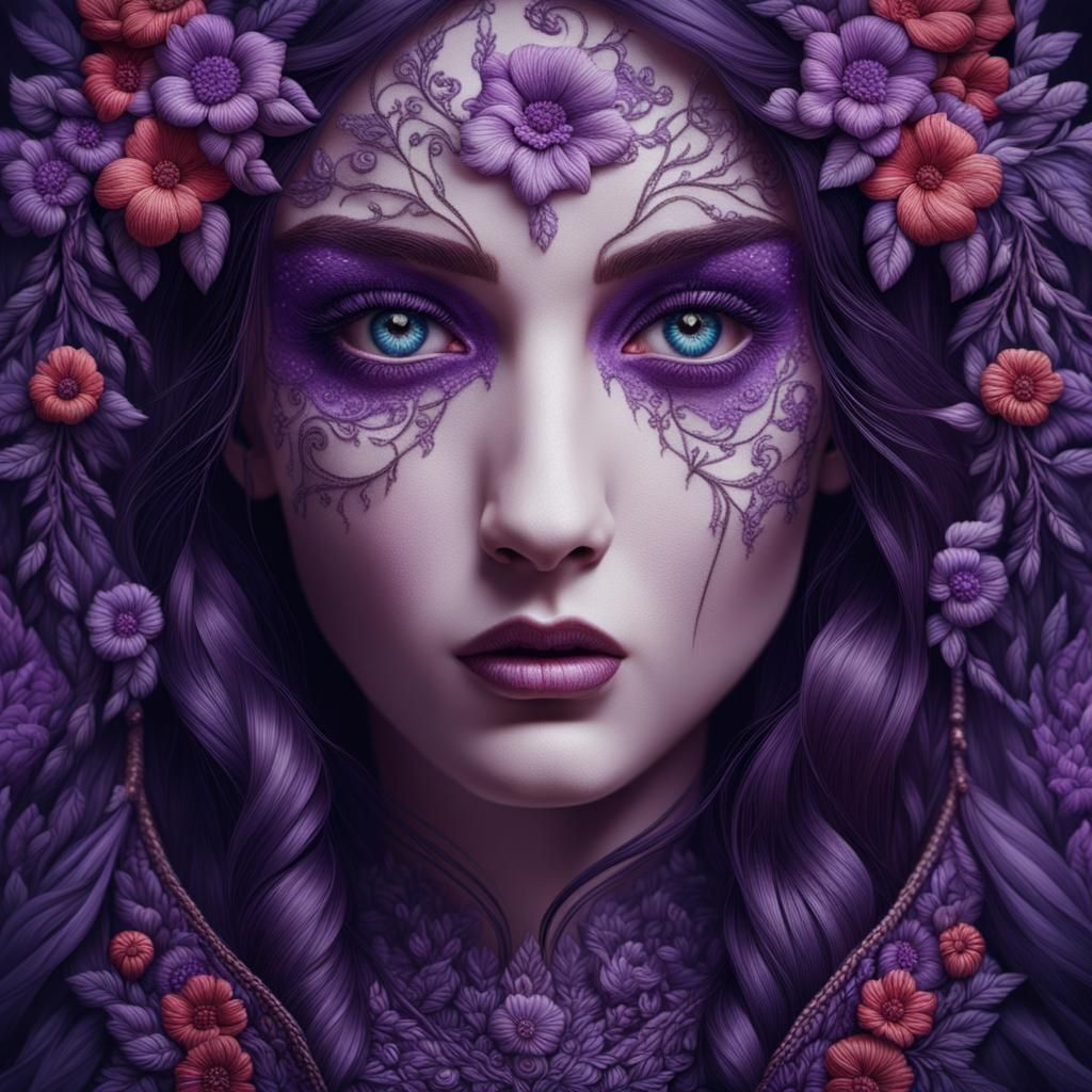 Embroidered Woman's Face with Violet Eyes