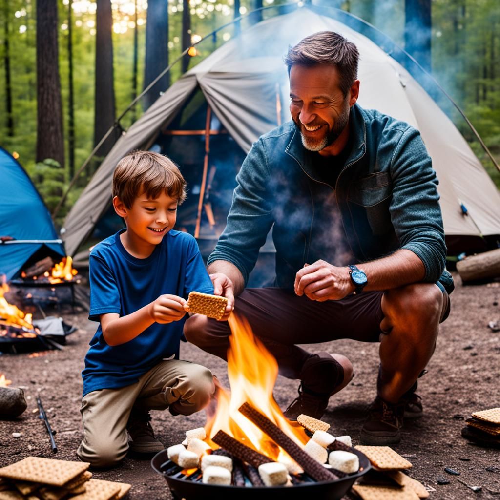 Father and Son Roasting S'mores at Campfire