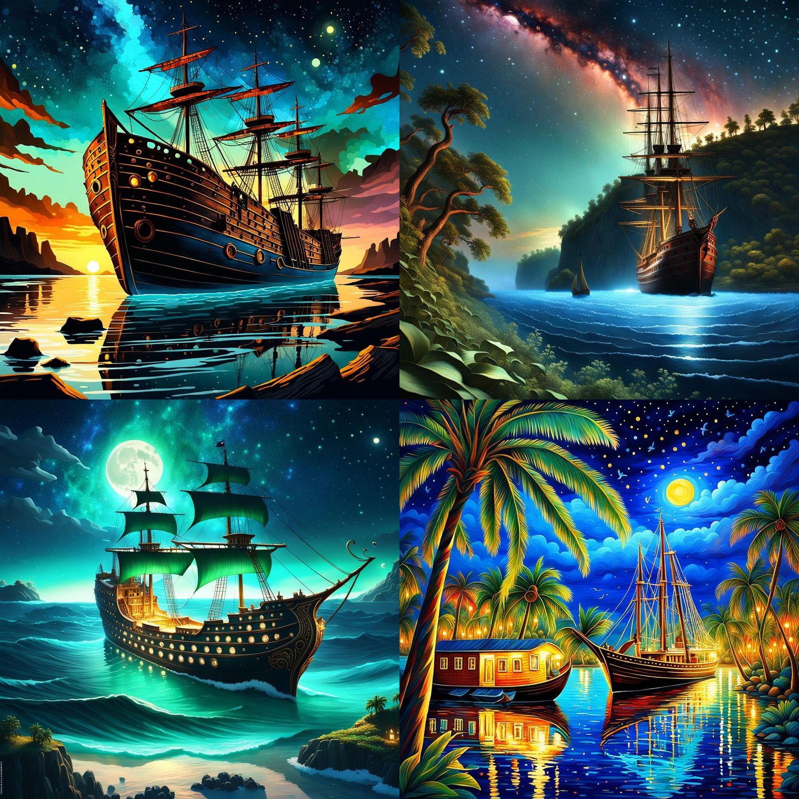 Majestic Ship on Island Under Starry Sky