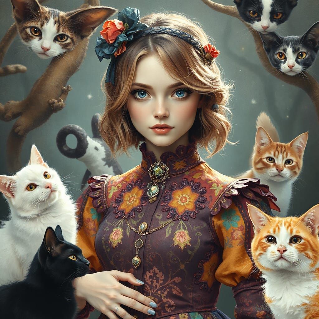 Woman with Cats in Whimsical Artistic Style