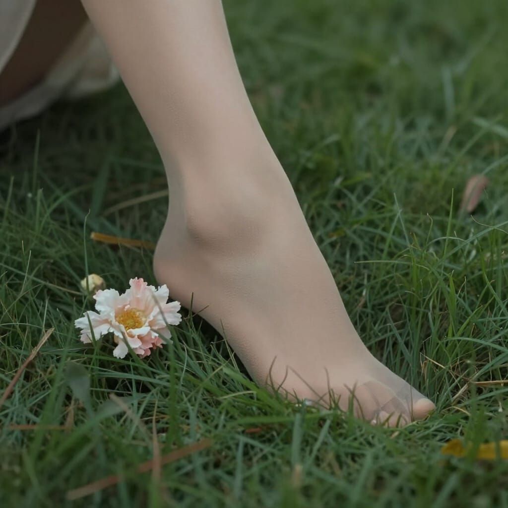 Woman's Foot in Sheer Pantyhose on Blooming Grass
