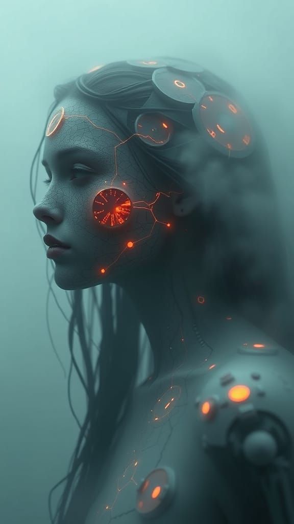 Ethereal Android Woman with Fibroids in Mist
