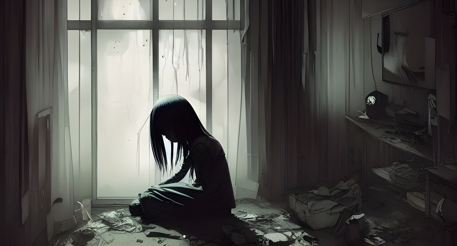 Sad Girl Ghost in Dark Room, Digital Art