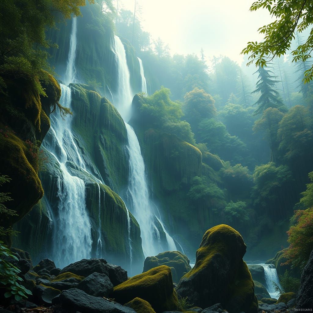 Majestic Waterfall Amidst Ancient Forest in Fantasy Style