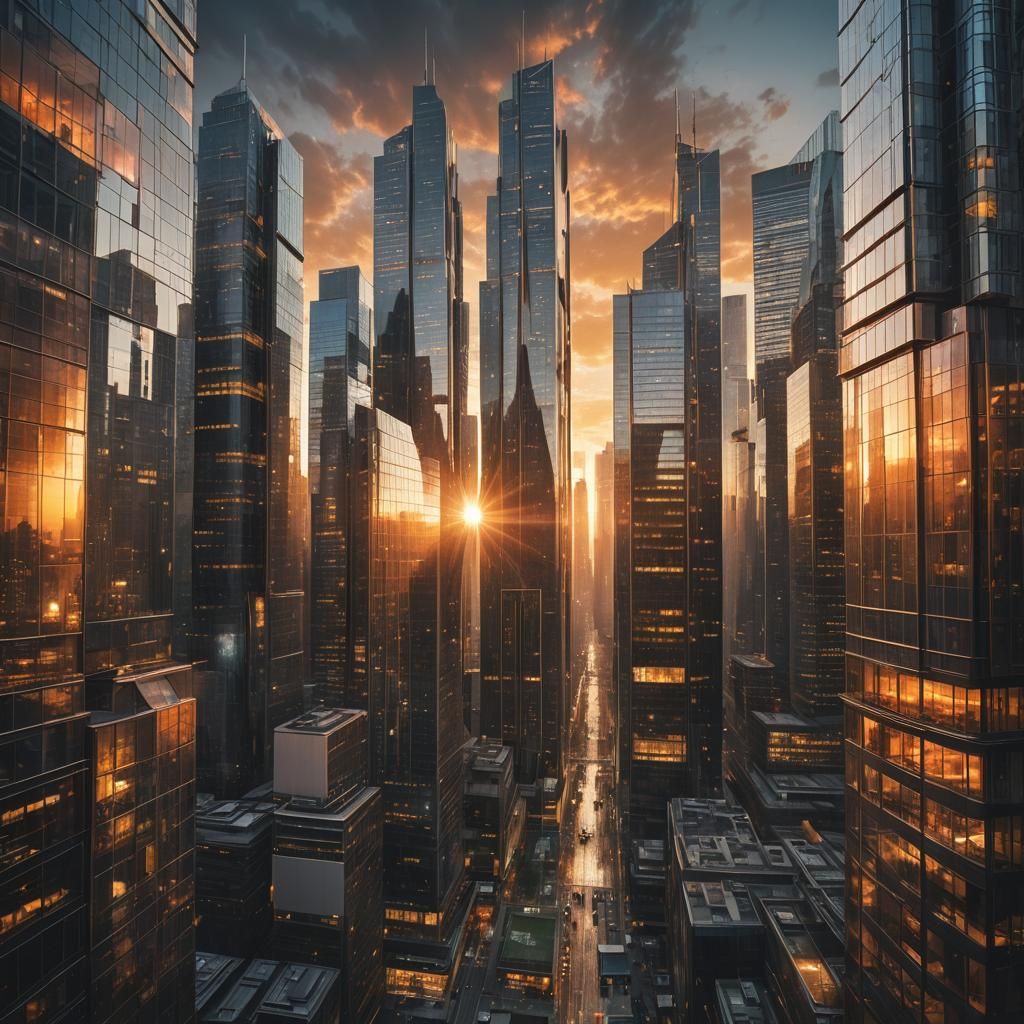 Sunset Over Modern City Glass Skyscrapers
