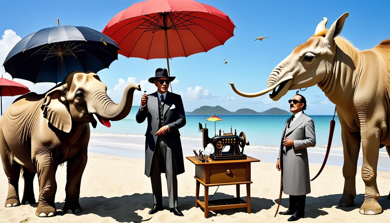 Surreal Beach Scene with Cryptid Taxidermists